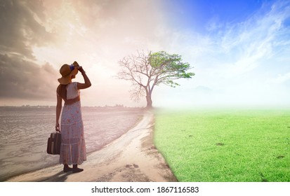 New life concept: Woman standing between climate worsened with good atmosphere
