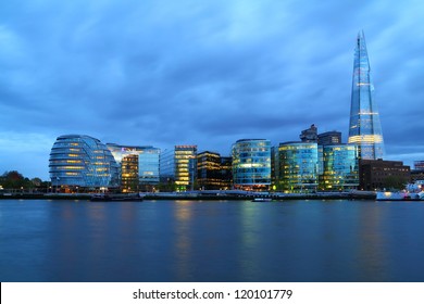 New London City Hall At Night , Panoramic View From River.