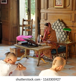 NEW MAYAPUR, AUGUST 15: Lecture In The Hare Krsna Temple. FRANCE, 2018. A Devotee Tells Stories From The Holy Book Of Mahabharata.