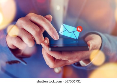 New Messages On Mobile Phone, Female Finger Opening Inbox To View The Pending E-mail Communication