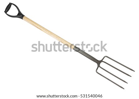 New metal pitchfork with wooden handle isolated on white background, farm tools, clipping path included [[stock_photo]] © 