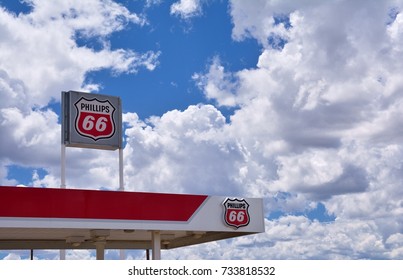 NEW MEXICO, USA - JULY 22, 2017: Phillips 66 Gas Station Sign And Logo. The Phillips 66 Company Is An American Multinational Energy Company.