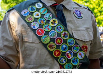 New Milford, Connecticut, USA, 0613.2022 Scout Uniform With Patches, Merit Badge Sash