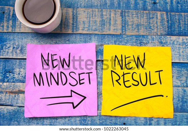 New Mindset New Result.\
Self Development. Motivational inspirational quotes words. Wooden\
background