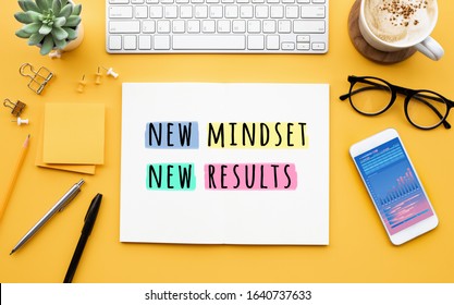 New Mindset New Results Concepts With Text On Notepad On Desk. Positive Thinking And Motivation Of Business.