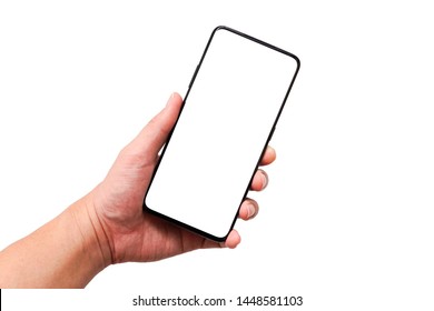 New Model of Smartphone with Full View Display in Man's Hand on White Background - Shutterstock ID 1448581103