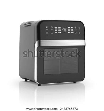 new modern ai high technology luxury beautiful electronic product design air fryer black square machine for bake cook fried skew on white background for house kitchen and restaurant