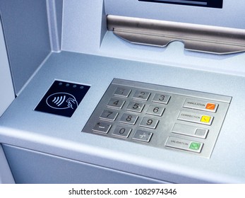 New Modern ATM Bank Teller Automatic Bank Machine With Contactless Sign Next To The Keyboard Keypad Stainless-steel Buttons