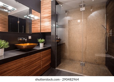 New Modern Bathroom With Fancy Shower On The Wall