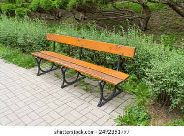 New Modern Bench in Park, Outdoor City Architecture, Wooden Benches, Outdoor Chair, Urban Public Furniture, Empty Plank Seat, Comfortable Bench in Recreation Area