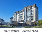 New modern block of flats in green area. residential apartment with flat buildings exterior. luxury house complex. Part of City Real estate property, condo architecture. apartment insurance concept.