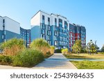 New modern block of flats in green area. residential apartment with flat buildings exterior. luxury house complex. Part of City Real estate property, condo architecture. apartment insurance concept.