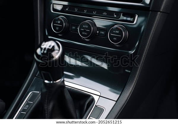 New modern car climate control panel or console\
of air conditioner, close\
up.