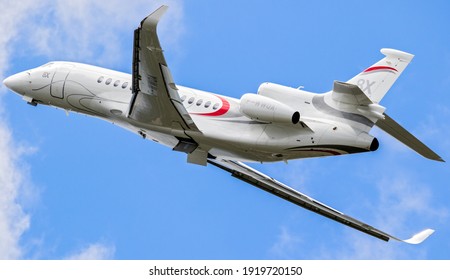 New Modern Dassault Falcon 8X Business Jet Plane Taking Off From The Runway Of Le Bourget Airport To Fly At Paris Air Show. France - June 20, 2019