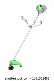 New modern green string trimmer with Gasoline-engine isolated on white background. Vertical shot.
