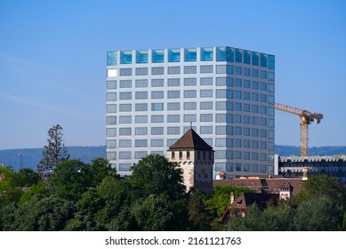 New Modern Life Science Biology Center Building Of Basel University With St. Johann Gate In The Foreground At City Of Basel On A Sunny Spring Day.  Photo Taken May 11th, 2022, Basel, Switzerland.