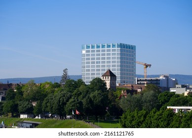 New Modern Life Science Biology Center Building Of Basel University With St. Johann Gate In The Foreground At City Of Basel On A Sunny Spring Day.  Photo Taken May 11th, 2022, Basel, Switzerland.