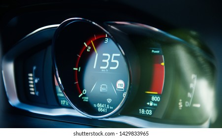 New Modern Luxury Sport Car Digital Dashboard Showing 135 Kmh Speed Driving Data And Current Speed As Well Traffic Signs Recognition