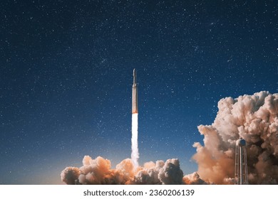 New modern rocket with smoke and blast successfully lift off into the starry sky. Spaceship launching into space, concept. Successful launch and space mission, creative idea. Space exploration - Powered by Shutterstock