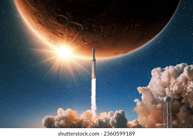 New modern rocket successfully takes off to the red planet Mars with the sunlight. Spaceship rocket launches into the starry sky with a planet, concept. Start of the Mars space mission - Powered by Shutterstock