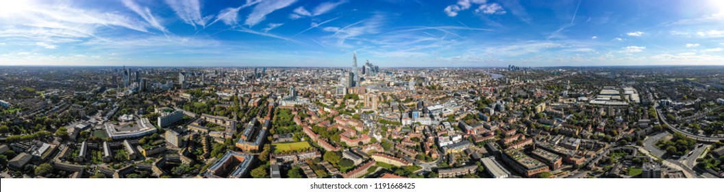 New Modern South London City Aerial Skyline with 360 Degree Panorama View feat. Suburban Neighbourhood and Central London Buildings in the background around Borough, Elephant and Castle and Bermondsey