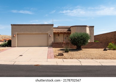 New Modern Southwestern Style House With Flat Roof, Stucco Home In Green Valley, Arizona With Xeriscape Landscaping.