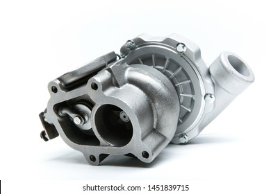  New Modern Turbocharger Isolated On White Background. Turbo Charger To Increase Car Engine Power. Background Of Spare Part For Car Engine Tuning