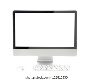 New monitor computer display with keyboard and mouse isolated on a white background