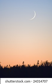 New Moon Crescent Above Wooded Horizon At Sunset.