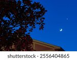 new moon and Venus shining above a house and tree during sun set 