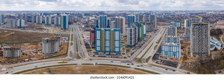 New Multi-storey Residential Building Apartment Houses Aerial View. Mortgage Background Concept Image. City Neighbourhood.