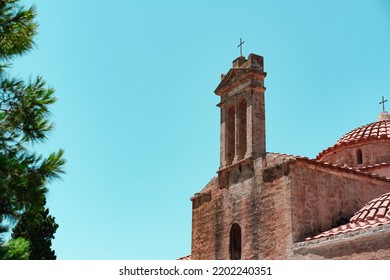 New Navarino Castle In Greece Pylos Bay, Peloponnese, Popular Landmark For Tourism, Church Bell Tower