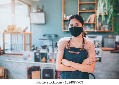 New Normal Asian Barista Woman Worker Small Business Owner Café Restaurant Store Shop Wearing Facemask Protection COVID-19 Coronavirus Pandemic Cheerful Arms Crossed Smiling Happy Copy Space Portrait