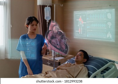 New Normal Futuristic Technology In Medical Concept Doctor Describes Patient By Using Artificial Intelligence, Machine Learning, Digital Twin, 5g, Big Data, Iot, Augmented Mixed Virtual Rality, Ar, Vr