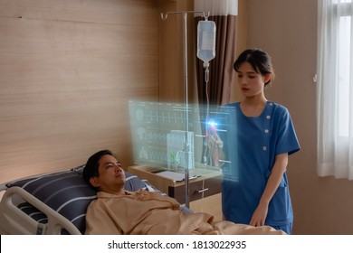 New Normal Futuristic Technology In Medical Concept Doctor Describes Patient By Using Artificial Intelligence, Machine Learning, Digital Twin, 5g, Big Data, Iot, Augmented Mixed Virtual Rality, Ar, Vr