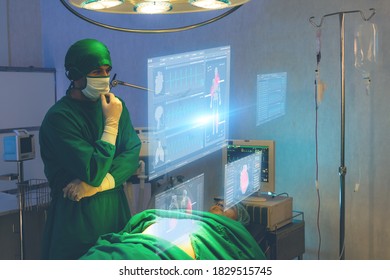 New Normal Futuristic Technology In Medical Concept Doctor Analysis Patient By Using Artificial Intelligence, Machine Learning, Digital Twin, 5g, Big Data, Iot, Augmented Mixed Virtual Rality, Ar, Vr