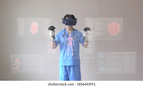 New Normal Futuristic Technology In Medical Concept Doctor Describes Patient By Using Artificial Intelligence, Machine Learning, Digital Twin, 5g, Big Data, Iot, Augmented Mixed Virtual Rality, Ar, Vr