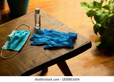 new normal. objects of everyday life after the coronavirus. on wooden coffee table in the house. post covid19