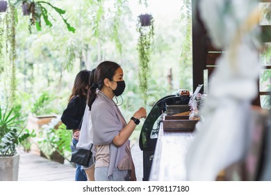 New Normal Women In Protective Face Mask Queuing At Cafe Counter