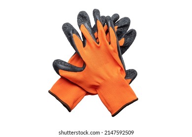 New nylon orange work gloves with black latex coating lying on top of each other with the working side down. Isolated on white background.