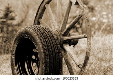 New And Old Broken Wagon (car) Wheel