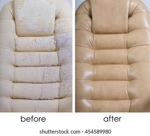 New And Old Crannied Office Boss Chair (armchair). Restoration Of Old Furniture, Before And After. Grown Old Upholstery. Replacing Material, Update. Chair Requiring Tissue Replacement, Instauration