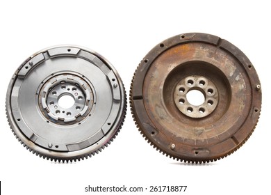 New And Old Rusty Damping Flywheels For Automotive Diesel Engines On A White Background. Car Parts