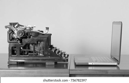 New And Old Typing Machines, Black And White Photo