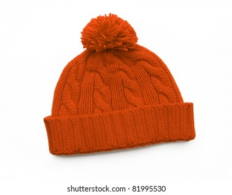 New Orange Knit Wool Hat With Pom Pom Isolated On White Background