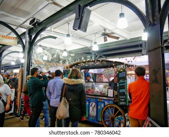 NEW ORLEANS, LOUISIANA—JANUARY 2017: Customers Flock To A Crepe Cart Food Stall At The French Market, French Quarter In New Orleans On A Cold Day.