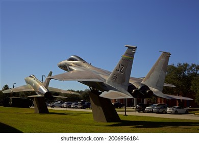 New Orleans - December 19, 2019: Two Vintage Jet Fighters Displayed At Louisiana National Guard Jackson Barracks