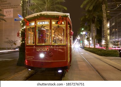 New Orleans - December 20, 2019: New Orleans Streetcar Decorated For Christmas 