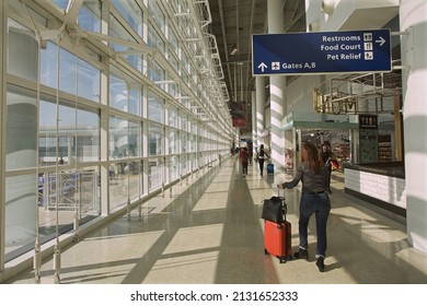 New Orleans - December 30, 2021: Louis Armstrong New Orleans International Airport Hall To Departure Gates