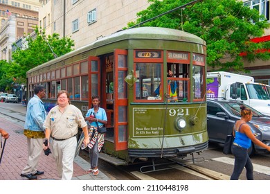 NEW ORLEANS - JUN. 1, 2017: RTA antique Streetcar St. Charles Line Route 12 on Canal Street in downtown New Orleans, Louisiana, USA. This line is registered as a US National Historic Places.